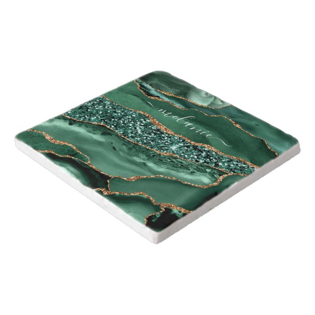 Emerald Green Gold Geode Marble Trivet Custom Name (Corner)