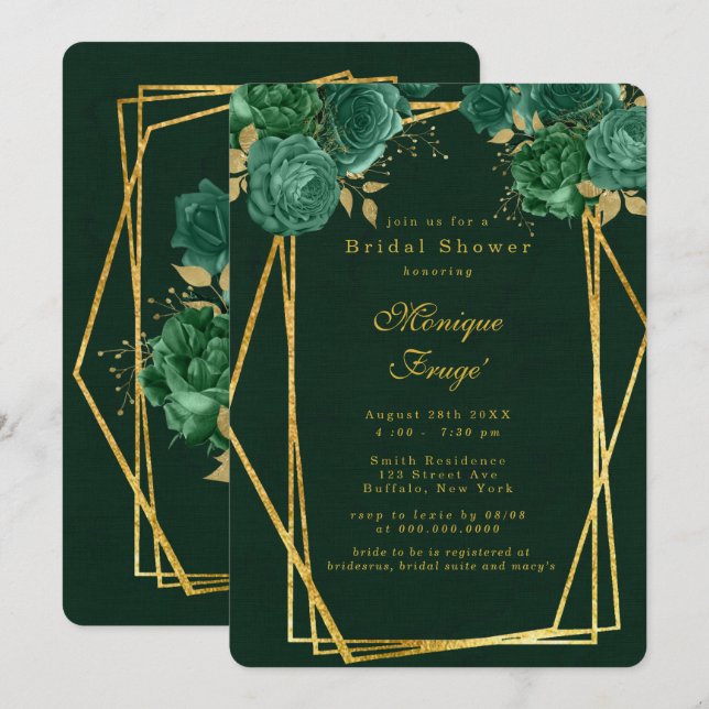 Emerald Green Gold Geometric Floral Bridal Shower Invitation (Front/Back)