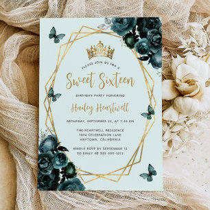 Emerald Green Gold Geometric Floral Sweet 16 Party Invitation