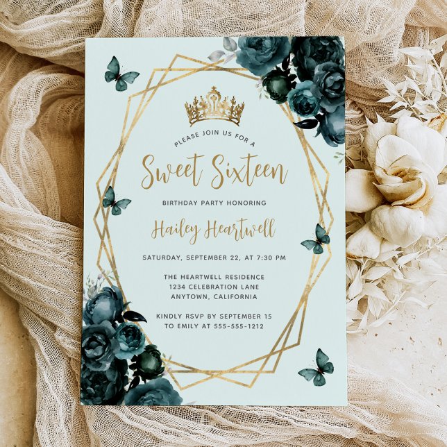 Emerald Green Gold Geometric Floral Sweet 16 Party Invitation (Creator Uploaded)