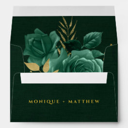 Emerald Green Gold Geometric Floral Wedding Envelope