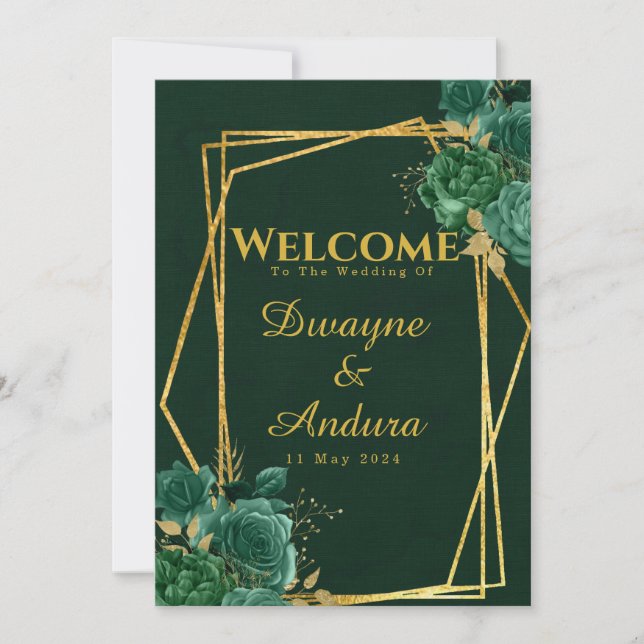 Emerald Green & Gold Geometric Floral Wedding Invitation (Front)