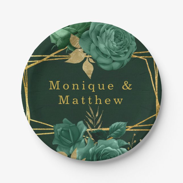 Emerald Green Gold Geometric Floral Wedding Paper Plates (Front)