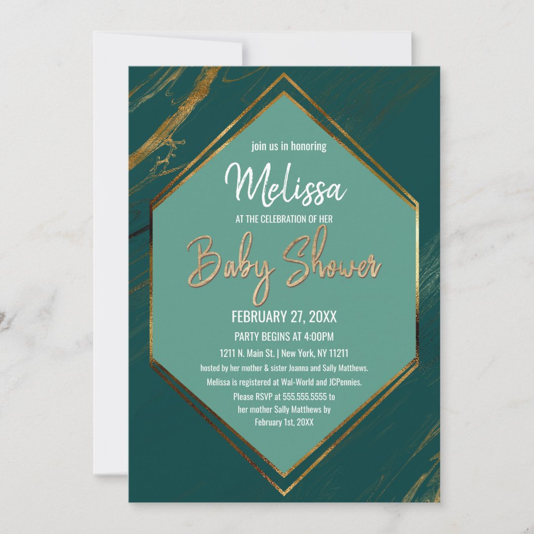 Emerald Green Gold Geometric Marble Baby Shower Invitation | Zazzle