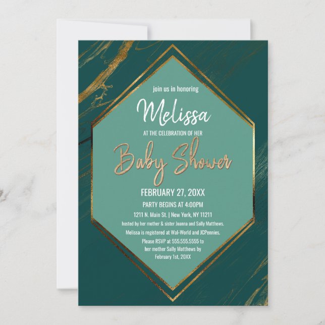Emerald Green Gold Geometric Marble Baby Shower Invitation (Front)
