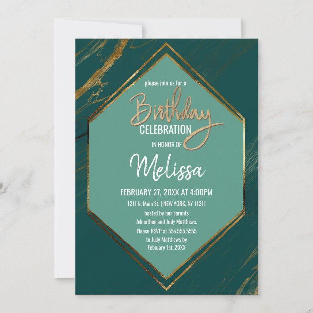 Emerald Green Gold Geometric Marble Birthday Invitation (Front)