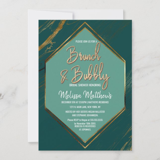Emerald Green Gold Geometric Marble Brunch Bubbly Invitation (Front)