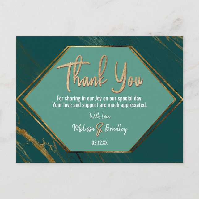 Emerald Green Gold Geometric Marble Thank You Postcard (Front)