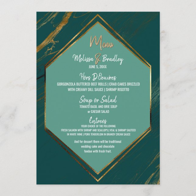 Emerald Green Gold Geometric Marble Wedding Menu (Front)