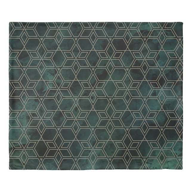 Emerald Green Gold Geometric Pattern Duvet Cover (Front)