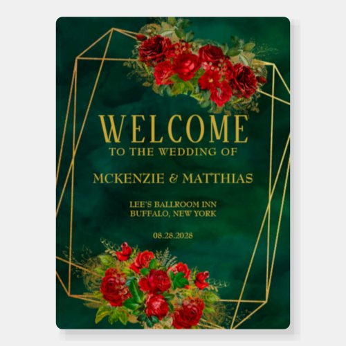 Emerald Green Gold Geometric Red Rose Welcome Sign