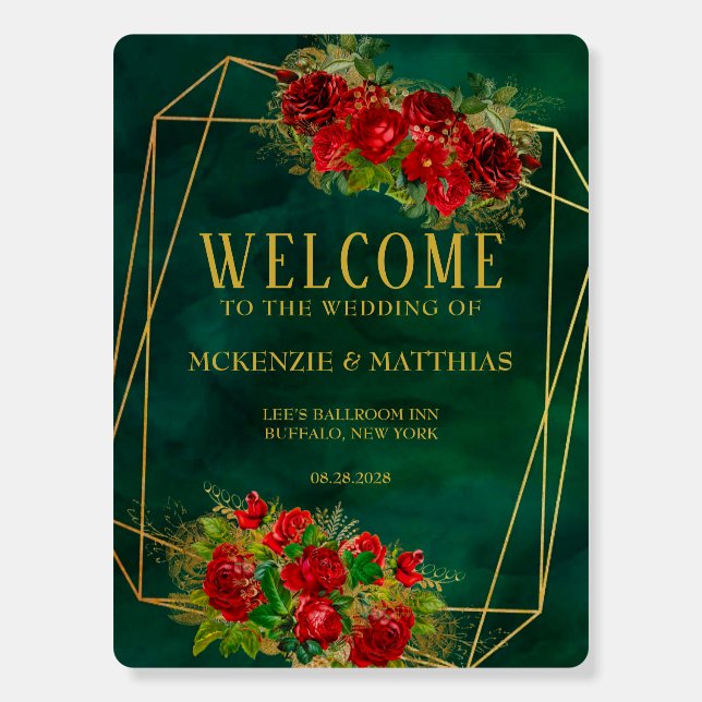 Emerald Green Gold Geometric Red Rose Welcome Sign (Front)