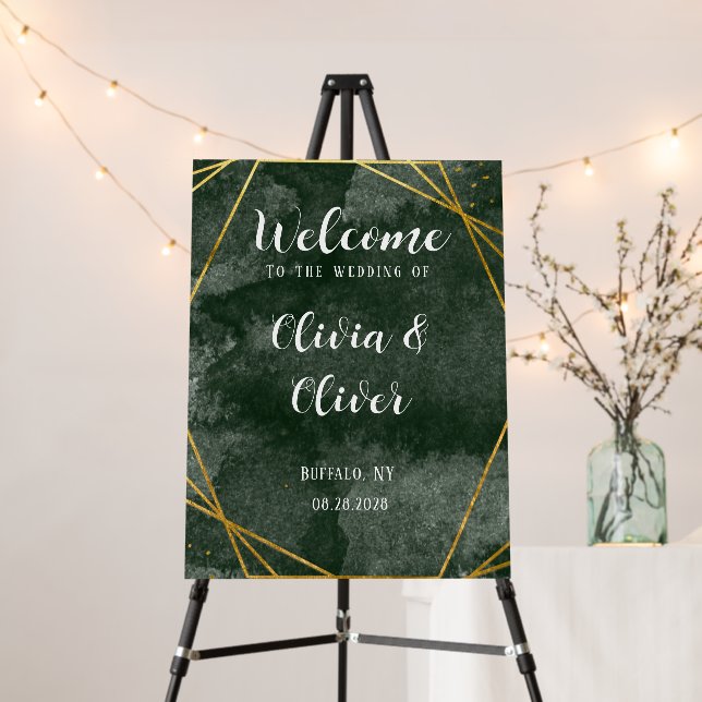 Emerald Green Gold Geometric Wedding Welcome Sign (In Situ (Stand))