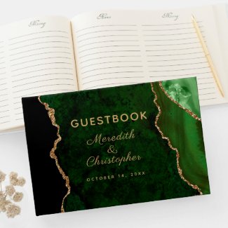 Emerald Green Gold Glitter Agate Wedding Guest Book
