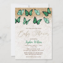 Emerald Green Gold Glitter Butterfly Baby Shower Invitation