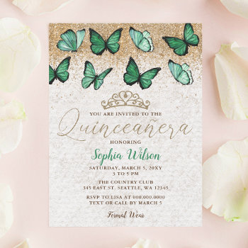 Emerald Green Gold Glitter Butterfly Quinceañera Invitation by Invitationboutique at Zazzle