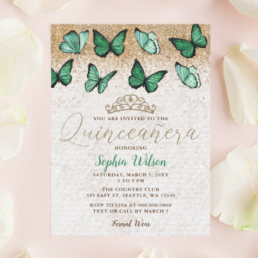 Emerald Green Gold Glitter Butterfly Quinceañera Invitation