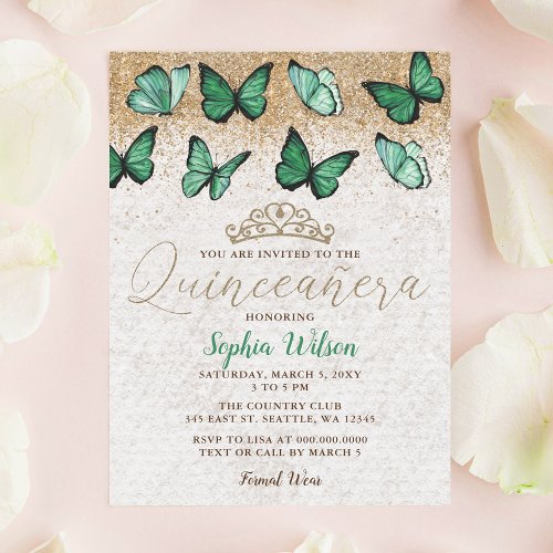 Emerald Green Gold Glitter Butterfly Quinceaera Invitation