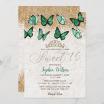 Emerald Green Gold Glitter Butterfly Sweet 16 Invitation