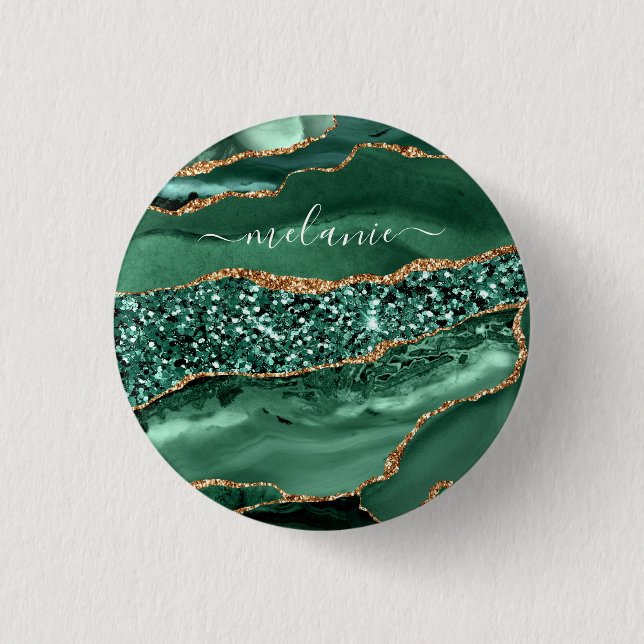 Emerald Green Gold Glitter Button Custom Name (Front)