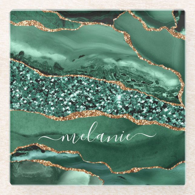 Emerald Green Gold Glitter Coaster Custom Name (Front)