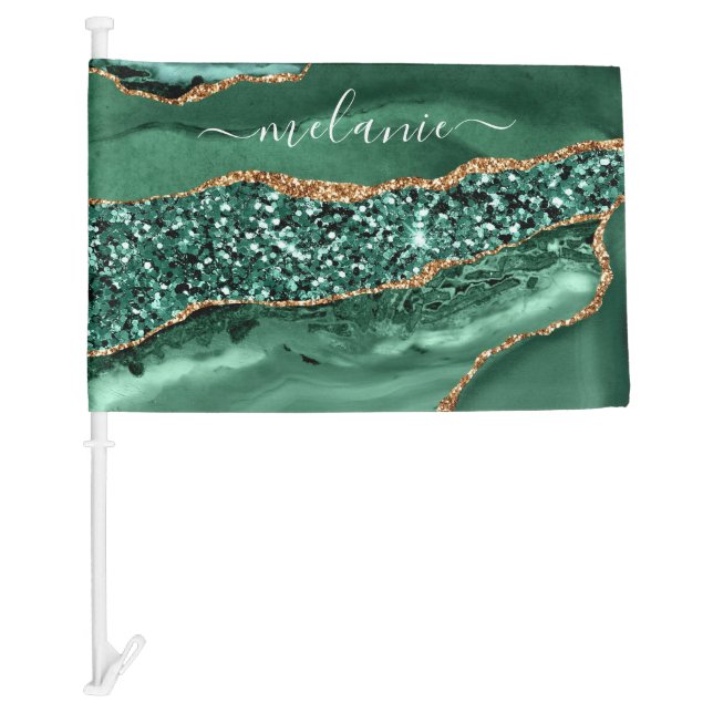 Emerald Green Gold Glitter Custom Name Car Flag (Front)