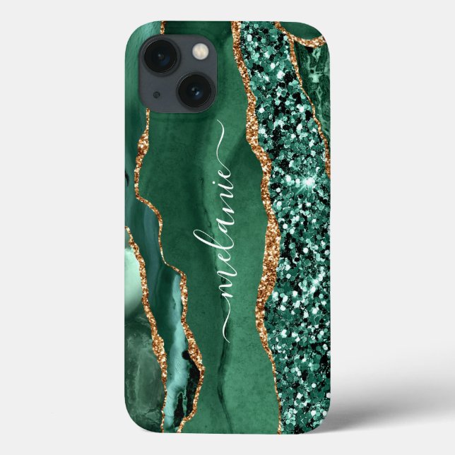 Emerald Green Gold Glitter Custom Name iPhone Case (Back)