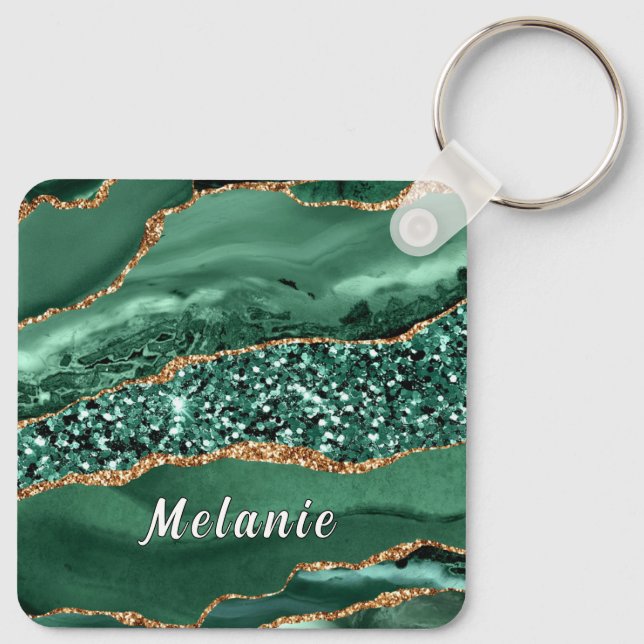 Emerald Green Gold Glitter Custom Name Keychains (Back)