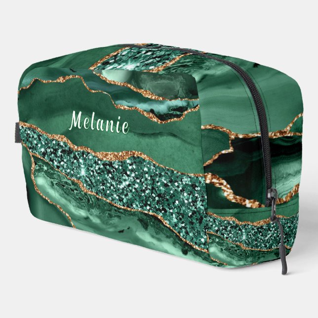 Emerald Green Gold Glitter Dopp Kit Custom Name (Right Corner)