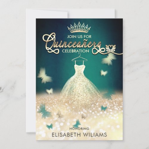 Emerald Green gold glitter dress butterfly Invitation