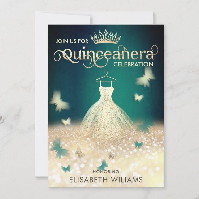 Emerald Green gold glitter dress butterfly Invitation (Front)