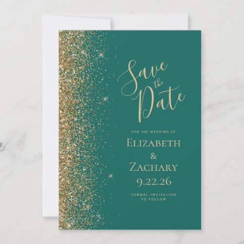 Emerald Green Gold Glitter Edge Save the Date Announcement