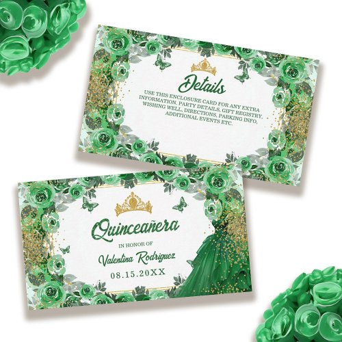 Emerald Green Gold Glitter Floral Quinceanera Enclosure Card