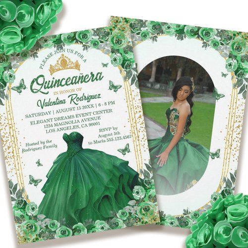 Emerald Green Gold Glitter Floral Quinceanera Invitation