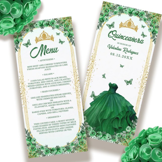 Emerald Green Gold Glitter Floral Quinceanera Menu (Emerald Green Gold Glitter Floral Quinceanera Menu)