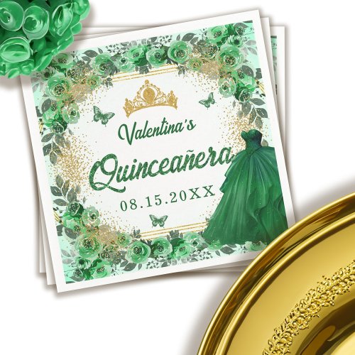 Emerald Green Gold Glitter Floral Quinceanera Napkins