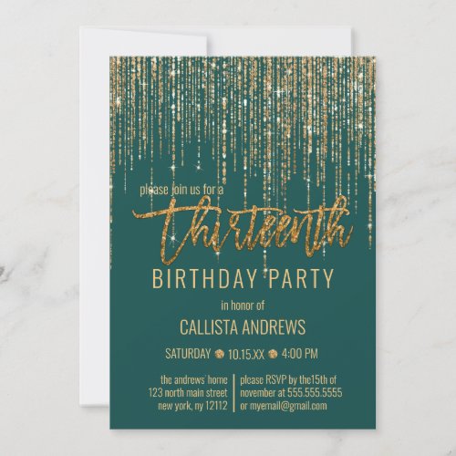 Emerald Green Gold Glitter Fringe 13th Birthday Invitation