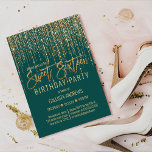 Emerald Green Gold Glitter Fringe Curtain Sweet 16 Invitation<br><div class="desc">This glamorous and luxury Sweet Sixteen birthday party invitation is the perfect design for your young teenage girl's special event. It features a faux sparkly gold glitter fringe curtain with faux glitter typography on top of a simple emerald green background. It's an elegant, chic, trendy, and modern bling design with...</div>