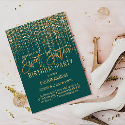 Emerald Green Gold Glitter Fringe Curtain Sweet 16 Invitation