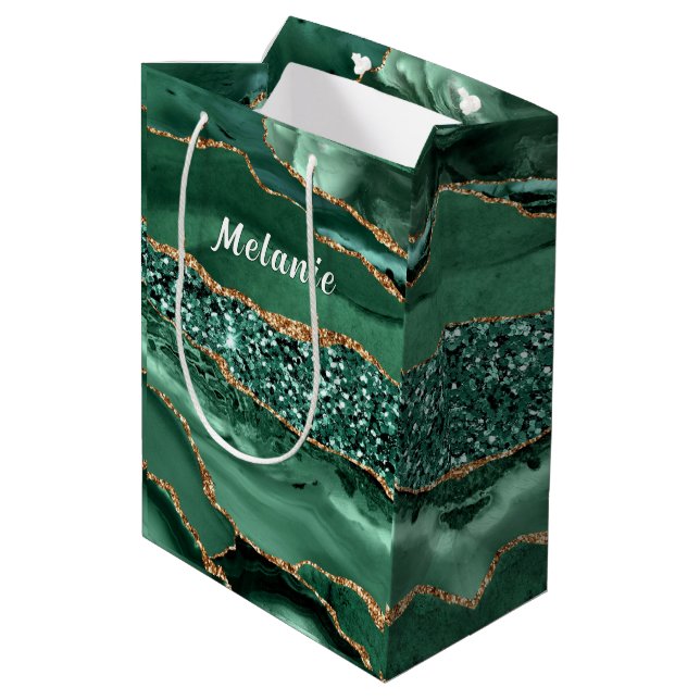 Emerald Green Gold Glitter Gift Bag Custom Name (Back Angled)