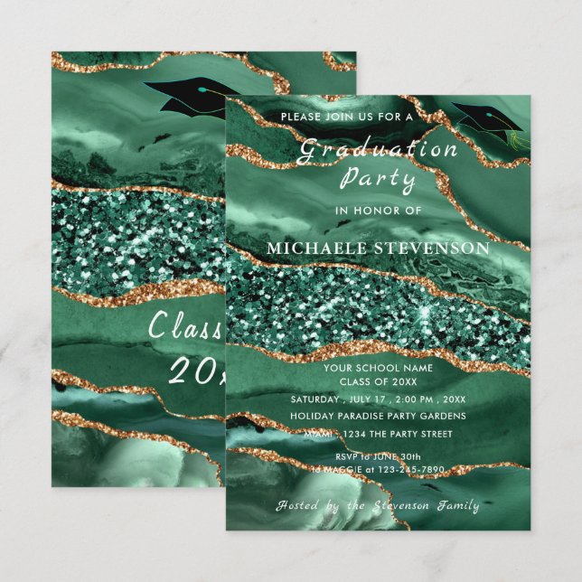 Emerald Green Gold Glitter Graduation Invitation (Front/Back)