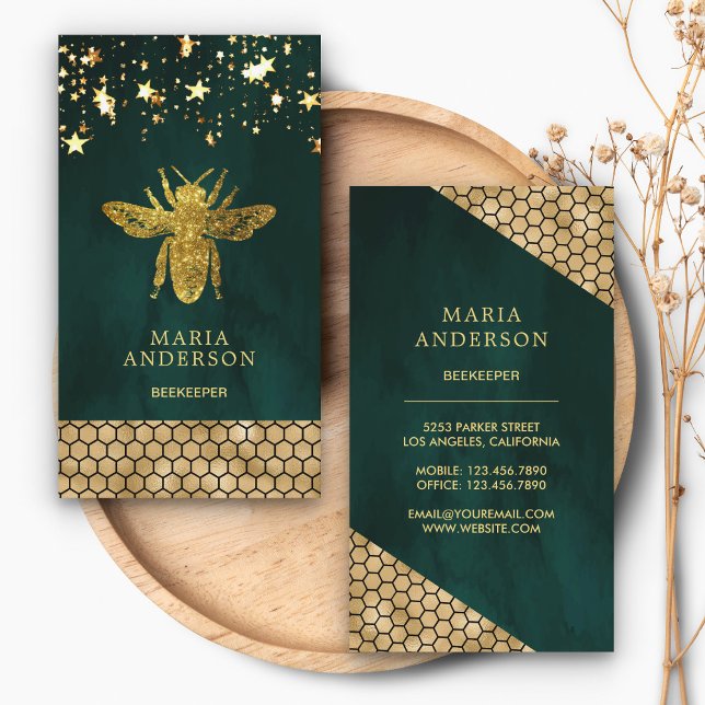Emerald Green Gold Glitter Honey Bee Beekeeper Business Card (Creator Uploaded)
