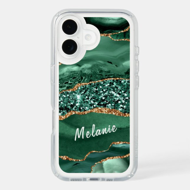 Emerald Green Gold Glitter iPhone Case Custom Name (Front)