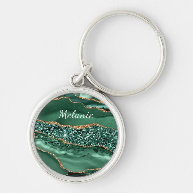 Emerald Green Gold Glitter Keychain Custom Name (Front)