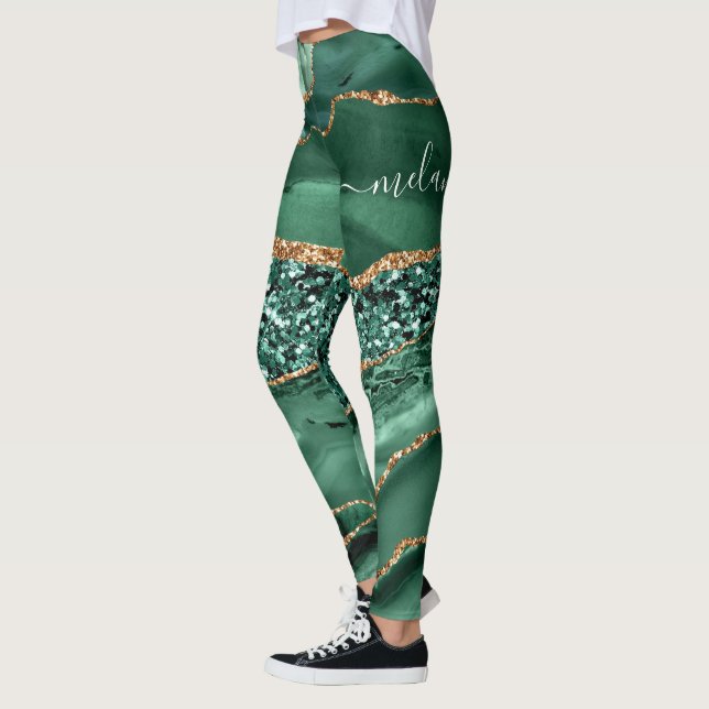 Emerald Green Gold Glitter Leggings Custom Name (Left)