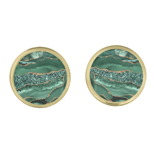 Emerald Green Gold Glitter Marble Cufflinks (Front)
