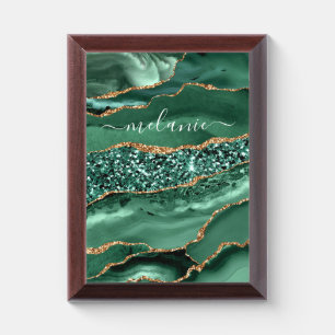 Emerald Green Gold Glitter Marble Custom Name Award Plaque