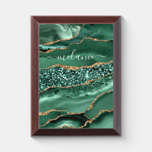 Emerald Green Gold Glitter Marble Custom Name Award Plaque (Vertical)
