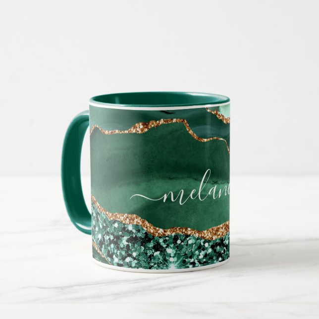  Emerald Green Gold Glitter Marble Custom Name Mug (Front Left)