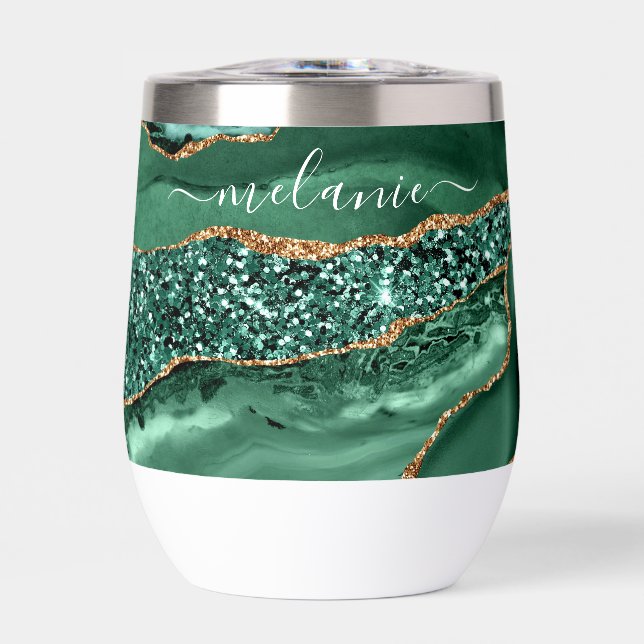 Emerald Green Gold Glitter Marble Custom Name Thermal Wine Tumbler (Front)